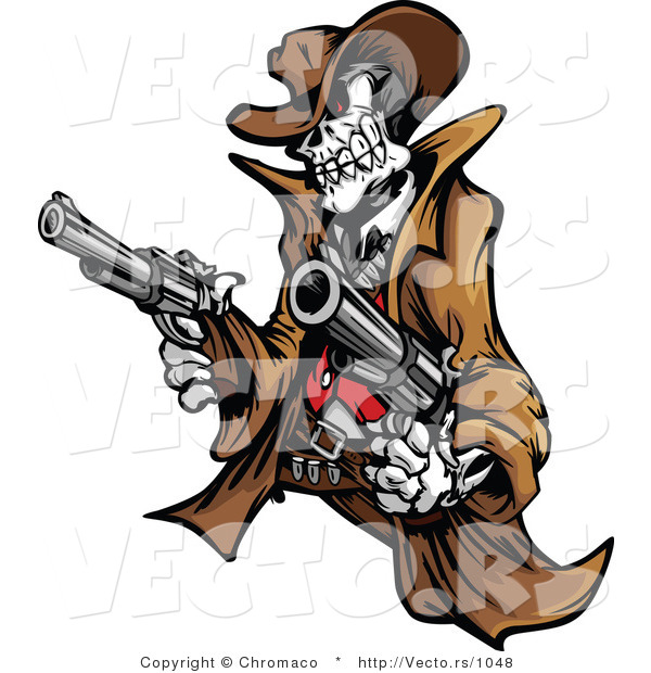 Vector of a Rebel Cowboy Skeleton Pointing Two Guns