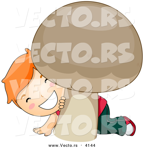 Vector of a Red Haired Boy Smiling and Peeking Behind a Giant Mushroom