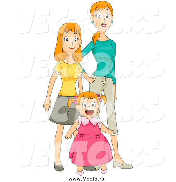 Vector of a Red Haired Mom Standing with Her Two Daughters