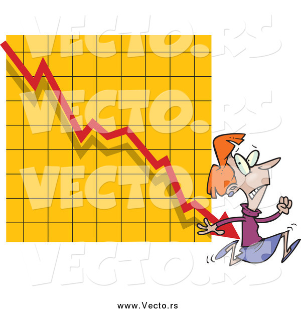 Vector of a Red Haired Scared Businesswoman Running from a Chart Arrow