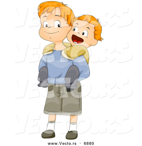 Vector of a Red Haired White Boy Jumping on His Big Brother's Back