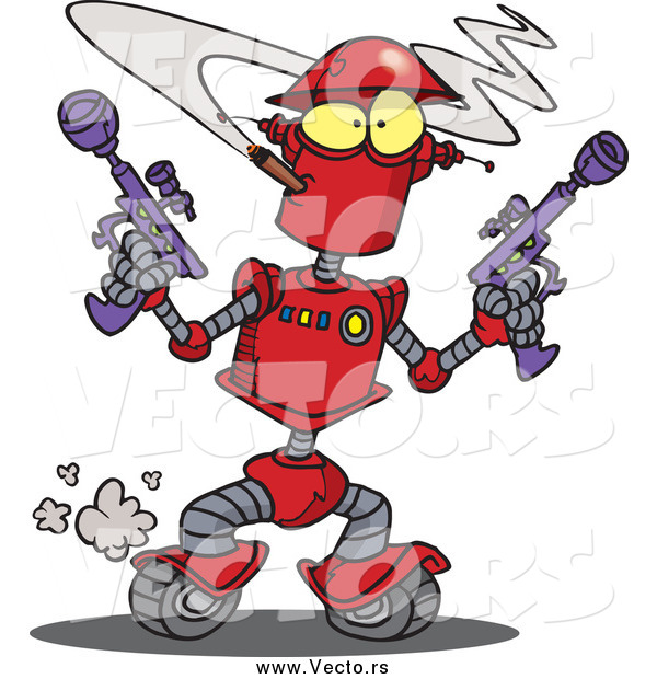 Vector of a Red Robot Smoking a Cigarette and Holding Ray Guns