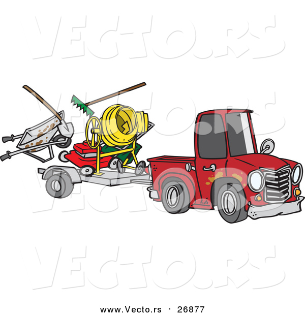 Vector of a Red Truck Pulling Trailer with Landscaper Equipment - Cartoon Style