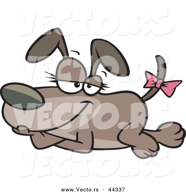 Vector of a Relaxed Cartoon Modling Dog with a Pink Bow on Her Tail