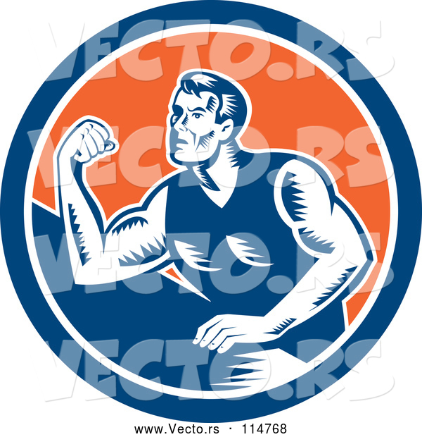 Vector of a Retro Arm Wrestling Man in a Blue White and Orange Circle