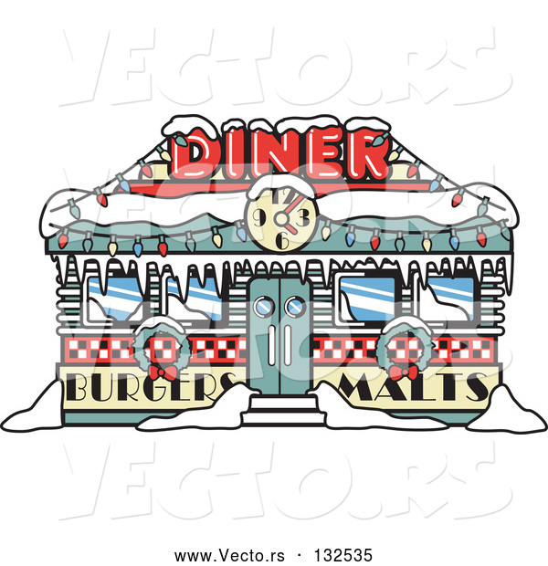 Vector of a Retro Diner in Snow During Christmas