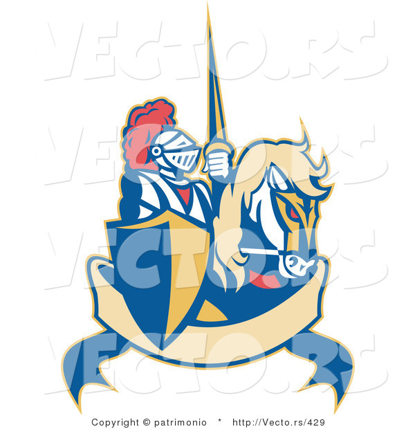 Vector of a Retro Knight Riding Horse with Lance Above Blank Banner