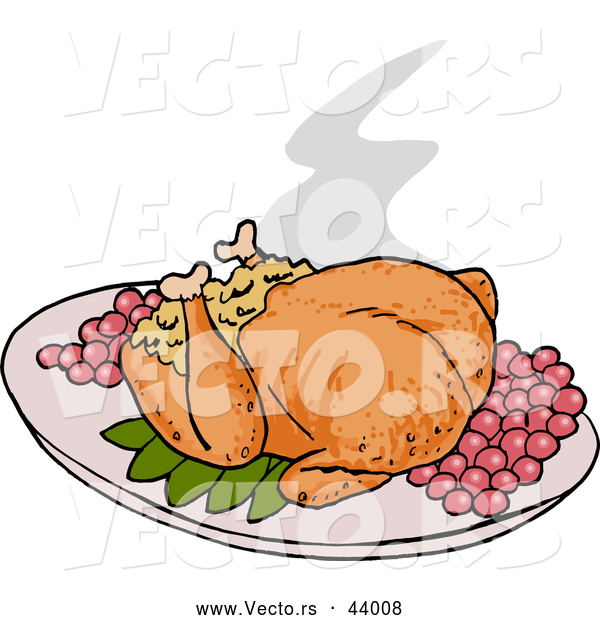 Vector of a Roasted Thanksgiving Turkey with Stuffing and Grapes