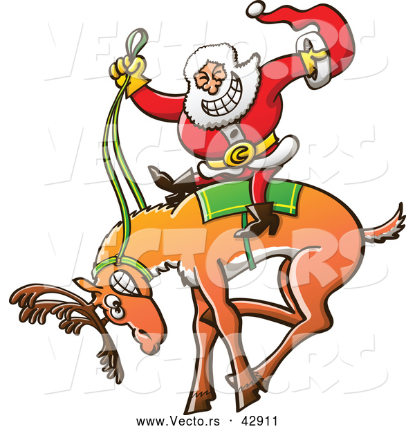 Vector of a Rodeo Cartoon Santa Riding a Bucking Reindeer