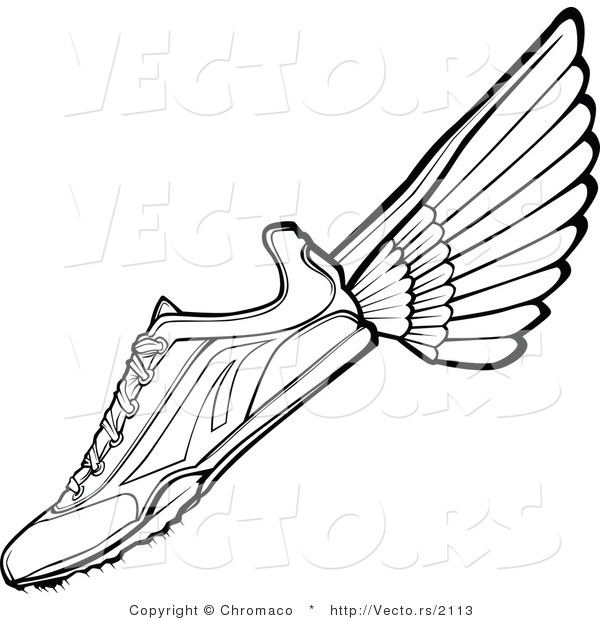 Vector of a Running Shoe with Wings - Black and White Line Drawing