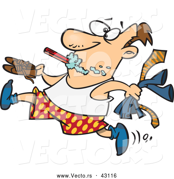 Vector of a Rushed Cartoon Man Brushing His Teeth While Running and Trying to Get Dressed