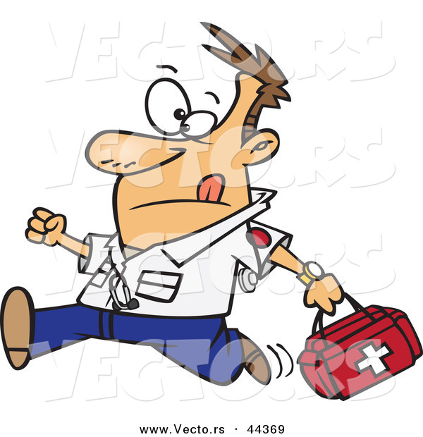 Vector of a Rushing Cartoon Male EMT Carrying a First Aid Kit