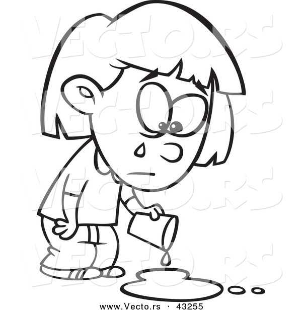 Vector of a Sad Cartoon Girl Crying over a Spilled Drink - Coloring Page Outline
