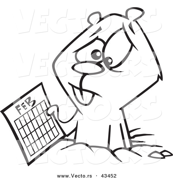 Vector of a Sad Cartoon Groundhog Holding a February Calendar - Coloring Page Outline