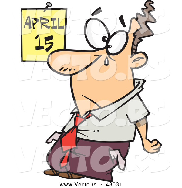 Vector of a Sad Cartoon Man Crying on Tax Day While Displaying His Empty Pockets