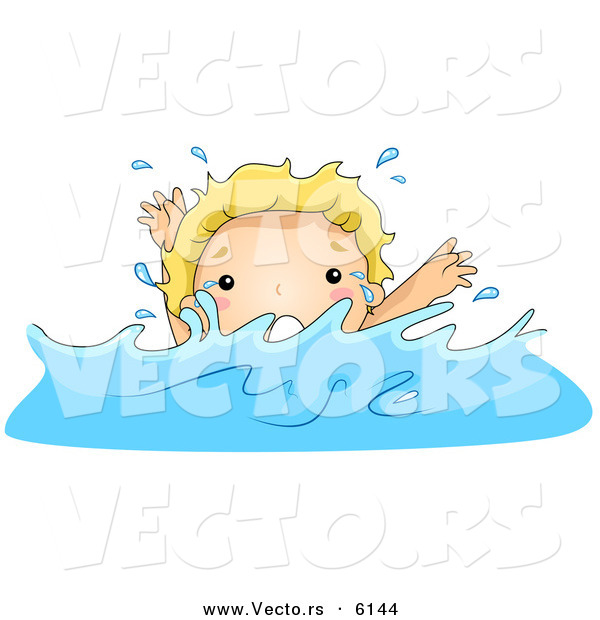 Vector of a Scared Cartoon Boy Drowning in Deep Water