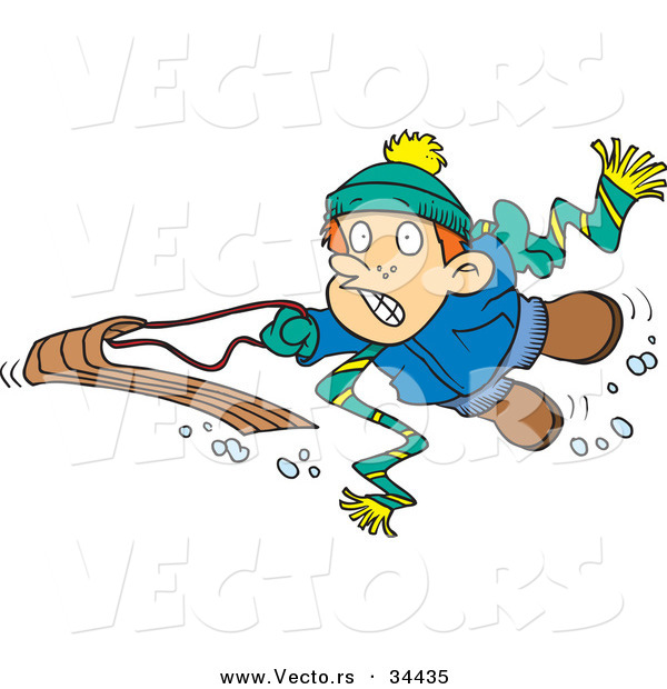 Vector of a Scared Cartoon Boy Falling off His Snow Sled