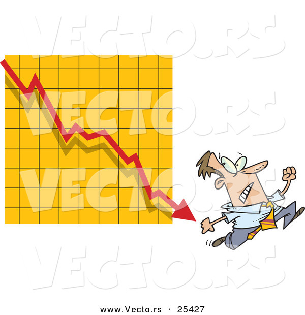 Vector of a Scared Cartoon Businessman Running a Rapidly Declining Arrow on a Graph