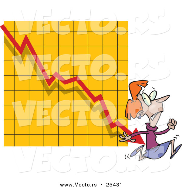 Vector of a Scared Cartoon Businesswoman Running a Rapidly Declining Arrow on a Graph