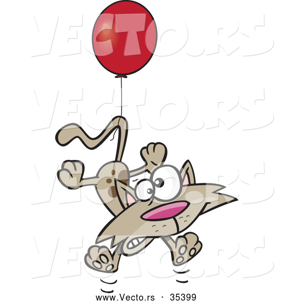 Vector of a Scared Cartoon Cat Tied to a Red Helium Balloon Floating up