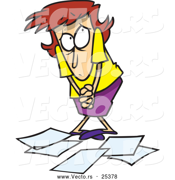 Vector of a Scared Cartoon Female Worker Getting Yelled at for Dropping Papers