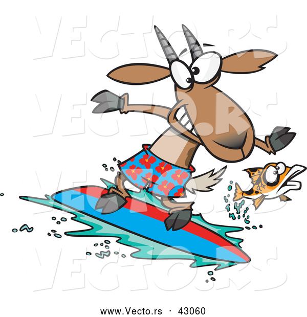Vector of a Scared Cartoon Fish Leaping Away from a Nervous Surfing Goat