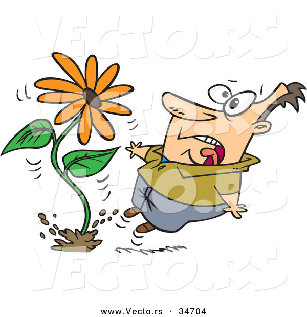 Vector of a Scared Cartoon Man Jumping Back from a Fast Growing Giant Flower Springing up out of the Ground