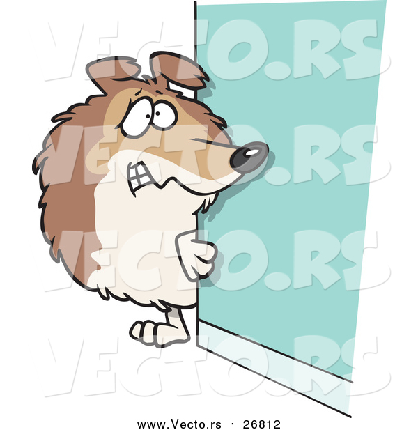 Vector of a Scared Collie Dog Hiding Behind a Wall - Cartoon Style