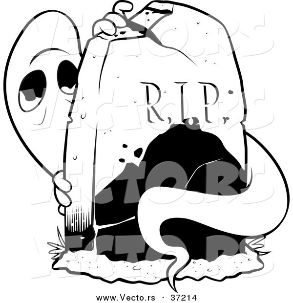 Vector of a Scared Ghost Hiding Behind a Tombstone - Black and White Line Art