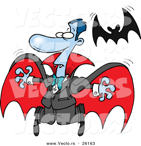 Vector of a Scared Halloween Cartoon Vampire Flying Away from a Real Bat