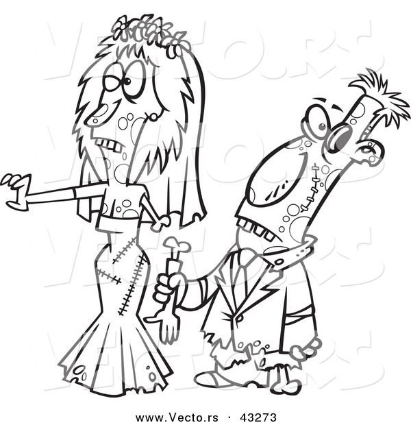 Vector of a Scary Cartoon Zombie Bride and Groom Walking Together - Coloring Page Outline