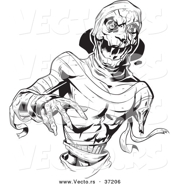 Vector of a Scary Mummy Reaching Forward - Black and White Line Art
