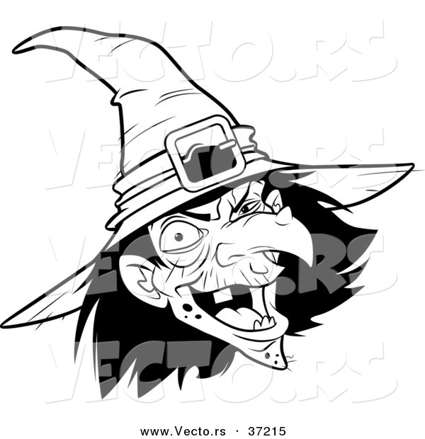 Vector of a Scary Witch Laughing - Black and White Line Art