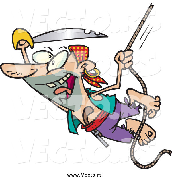 Vector of a Screaming Pirate with a Sword Swinging on a Rope