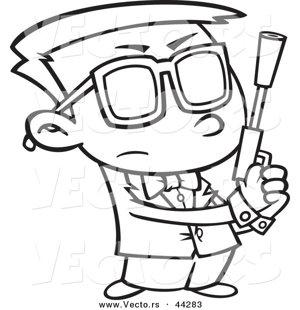 Vector of a Secret Agent Cartoon Boy Holding a Pistol - Coloring Page Outline