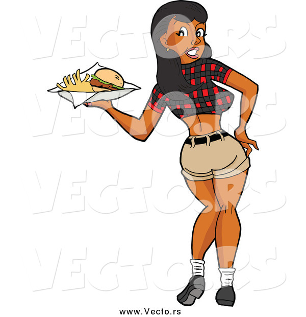 Vector of a Sexy Black Waitress in a Plaid Top Looking Back and Carrying Fries