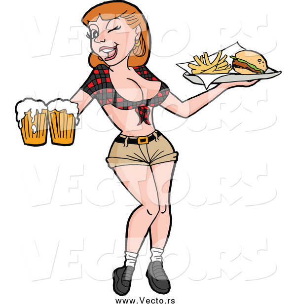 Vector of a Sexy Breastaurant Waitress Winking and Holding Beer and Fries