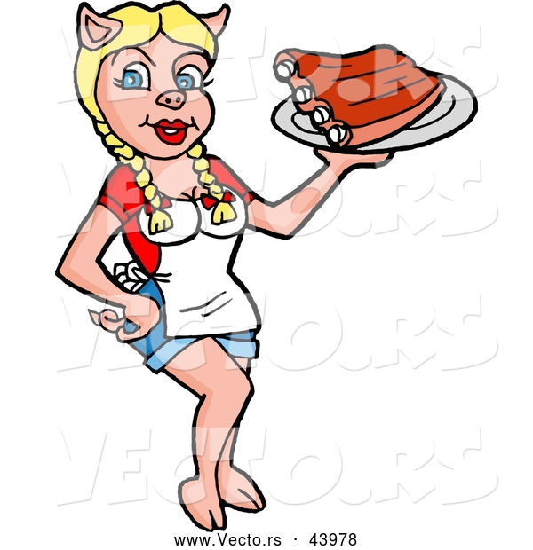 Vector of a Sexy Cartoon Female Pig Waitress Serving BBQ Ribs