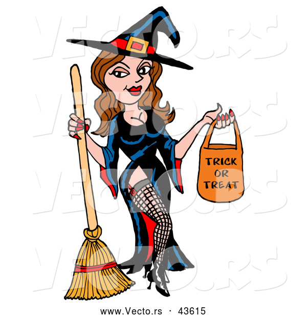 Vector of a Sexy Cartoon Witch Holding a Trick-Or-Treat Candy Bag and Broom