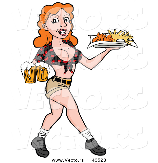 Vector of a Sexy Red Haired Caucasian Breastaurant Waitress Serving Beer and Fries