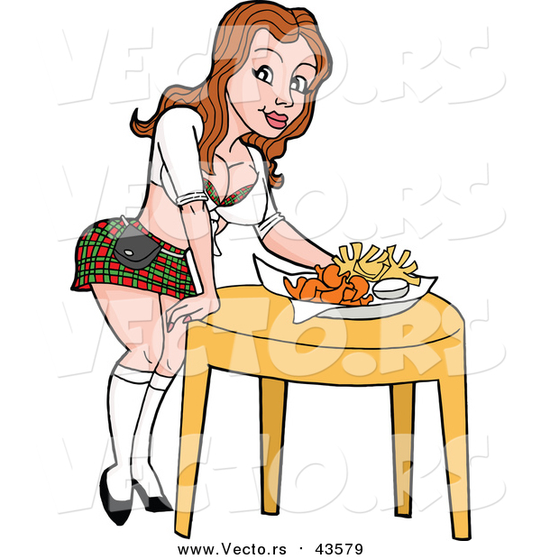 Vector of a Sexy Restaurant Waitress Setting Food to a Table - Cartoon Style
