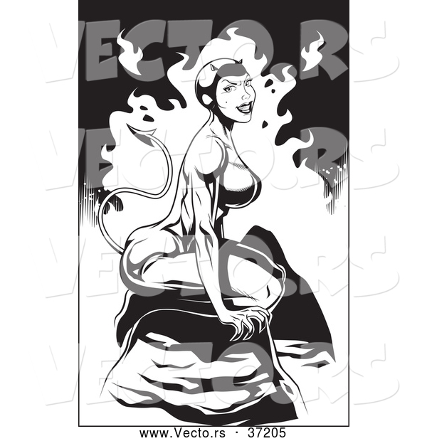Vector of a Sexy She Devil Sitting on a Rock with Flaming Background - Black and White
