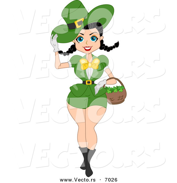 Vector of a Sexy St. Patrick's Day Pin-up Girl Carrying a Basket Full of Clovers
