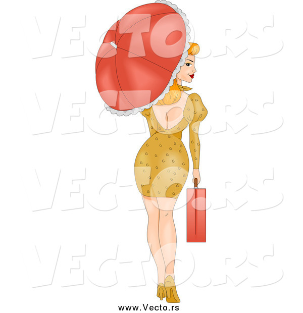 Vector of a Sexy Woman Walking with a Briefcase and Parasol, Looking Back