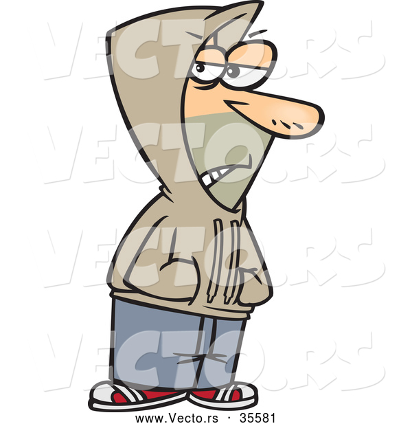 Vector of a Shady Cartoon Homeless Man Wearing a Hoodie While Grinning and Standing with His Hands in Pockets