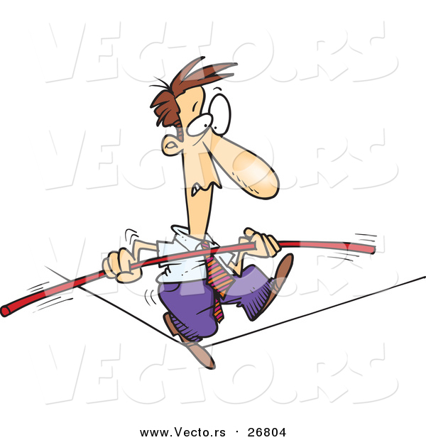 Vector of a Shaky Businessman Walking Tight Rope Nervously - Cartoon Style