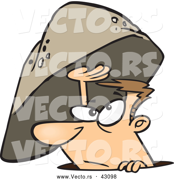 Vector of a Sheltered Cartoon Man Emerging from Under a Rock on the Ground