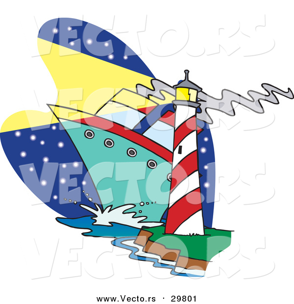 Vector of a Ship Passing Beside a Light House - Cartoon Style