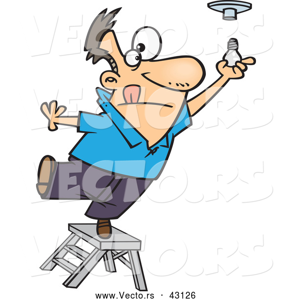 Vector of a Short Cartoon Man Standing on a Ladder While Trying to Install a Light Bulb