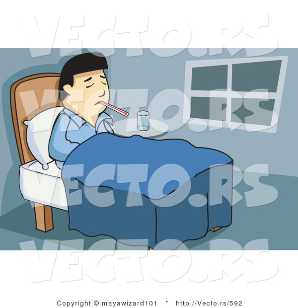 Vector of a Sick Asian Man Laying in Bedroom with a Thermometer in His Mouth
